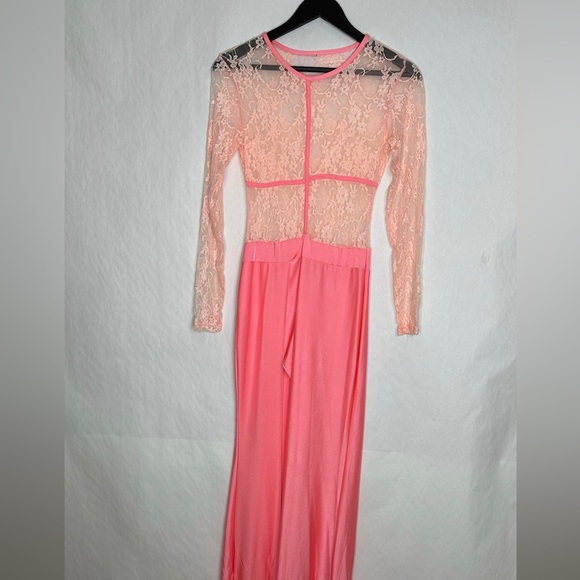Vintage Sheer Lace Long Sleeve Maxi Dress Flamingo Pink Size Medium Romantic - Picture 10 of 10